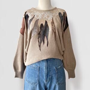 Vintage 80s Art To Wear Tan Sweater XL Avant Garde Eclectic Embroidered Retro